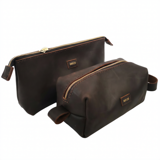 His & Hers Leather Toiletry Bag Set – “Crafted Together.”